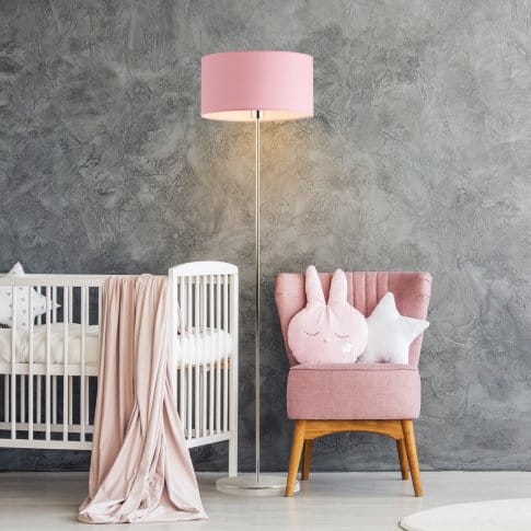 NOWOCZESNA LAMPA STOJĄCA Z WŁĄCZNIKIEM NOŻNYM I RÓŻOWYM ABAŻUREM EVA