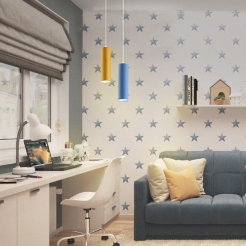 Lampa wisząca dla dzieci KIM z podłużnym tkaninowym kloszem