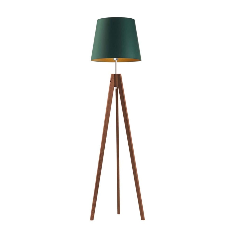Lampa podłogowa stojąca mahoń z abażurem zieleń butelkowa ze złotym wnętrzem drewniana EMILY GOLD