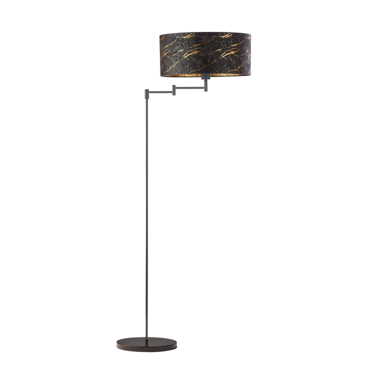 Czarna lampa podłogowa stojąca 155 cm włącznik nożny HANNAH MARBLE tkaninowy abażur czarny ze złotymi zdobieniami