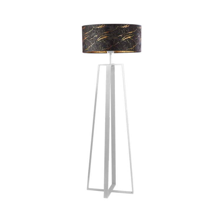 Czarno biała lampa podłogowa podstawa metal abażur tkaninowy z motywem marmuru KATE MARBLE