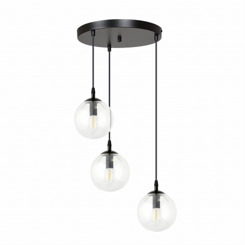 Stylowa lampa wisząca z trzema transparentnymi, szklanymi kloszami to idealne oświetlenie do nowoczesnej kuchni. Minimalistyczna czarna konstrukcja i elegancki design doskonale komponują się z jasnymi wnętrzami, tworząc przytulny i funkcjonalny klimat.