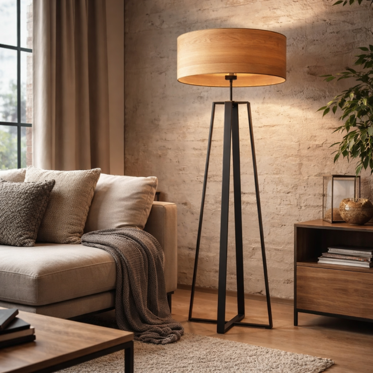 Nowoczesna lampa podłogowa w stylu industrialno-skandynawskim z drewnianym abażurem i metalową konstrukcją. Idealna do salonu loftowego, minimalistycznego lub nowoczesnego wnętrza. Designerskie oświetlenie łączące funkcjonalność i estetykę.