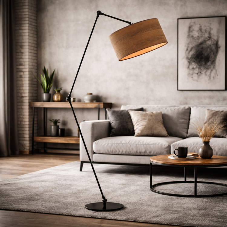 Nowoczesna lampa podłogowa w stylu industrialnym z regulowanym ramieniem i drewnianym abażurem. Idealna do salonu loftowego i minimalistycznych wnętrz. Funkcjonalny design łączy estetykę z wygodą, tworząc wyjątkowe oświetlenie przestrzeni.
