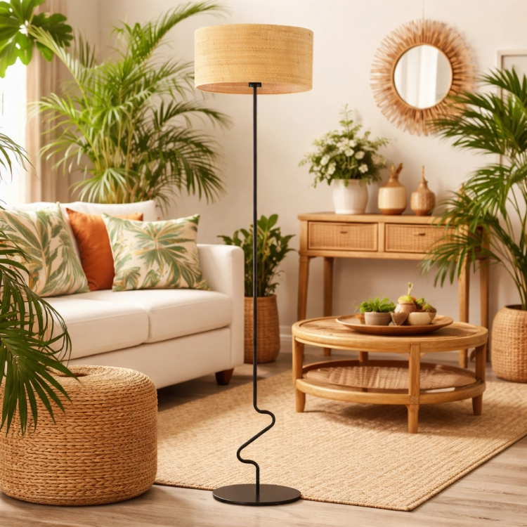 Stylowa lampa podłogowa w aranżacji salonu tropical to połączenie naturalnych materiałów i nowoczesnej formy. Pleciony abażur i smukła, czarna konstrukcja tworzą wyjątkowy klimat, idealny do wnętrz inspirowanych naturą, zielenią i lekkością.