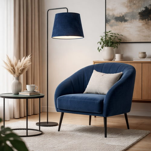 Nowoczesna lampa podłogowa z welurowym abażurem w kolorze granatowym to idealne dopełnienie stylowych wnętrz. Doskonale komponuje się z fotelem, tworząc elegancką i przytulną przestrzeń w salonie, sypialni lub strefie relaksu.