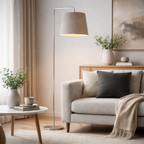 Stylowa lampa podłogowa z jasnym, welurowym abażurem to idealny wybór do nowoczesnych i skandynawskich wnętrz. Subtelna forma i miękkie światło tworzą przytulną atmosferę w salonie, doskonale komponując się z neutralnymi kolorami i naturalnymi dodatkami.