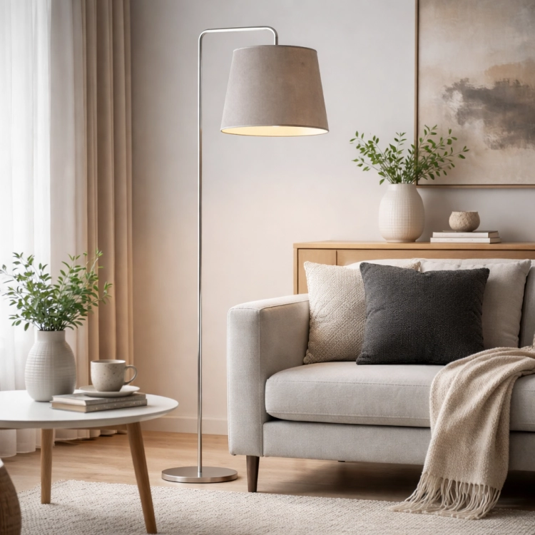 Stylowa lampa podłogowa z jasnym, welurowym abażurem to idealny wybór do nowoczesnych i skandynawskich wnętrz. Subtelna forma i miękkie światło tworzą przytulną atmosferę w salonie, doskonale komponując się z neutralnymi kolorami i naturalnymi dodatkami.