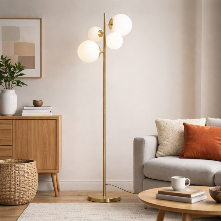 Nowoczesna lampa podłogowa w złotym wykończeniu z mlecznymi kloszami to elegancki akcent do salonu. Idealna do wnętrz w stylu modern, skandynawskim i minimalistycznym. Zapewnia ciepłe, przytulne oświetlenie i podkreśla charakter aranżacji.