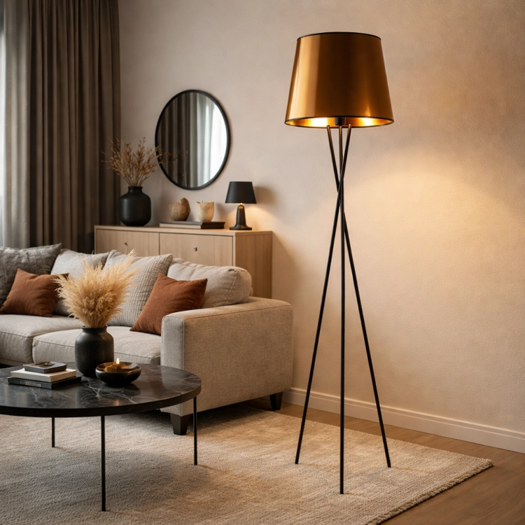 Nowoczesne wnętrze w stylu minimalistyczno-industrialnym z designerską lampą tripod w roli głównej. Elegancki salon łączy ciepłe barwy, metal i prostą formę, tworząc stylową i przytulną przestrzeń.