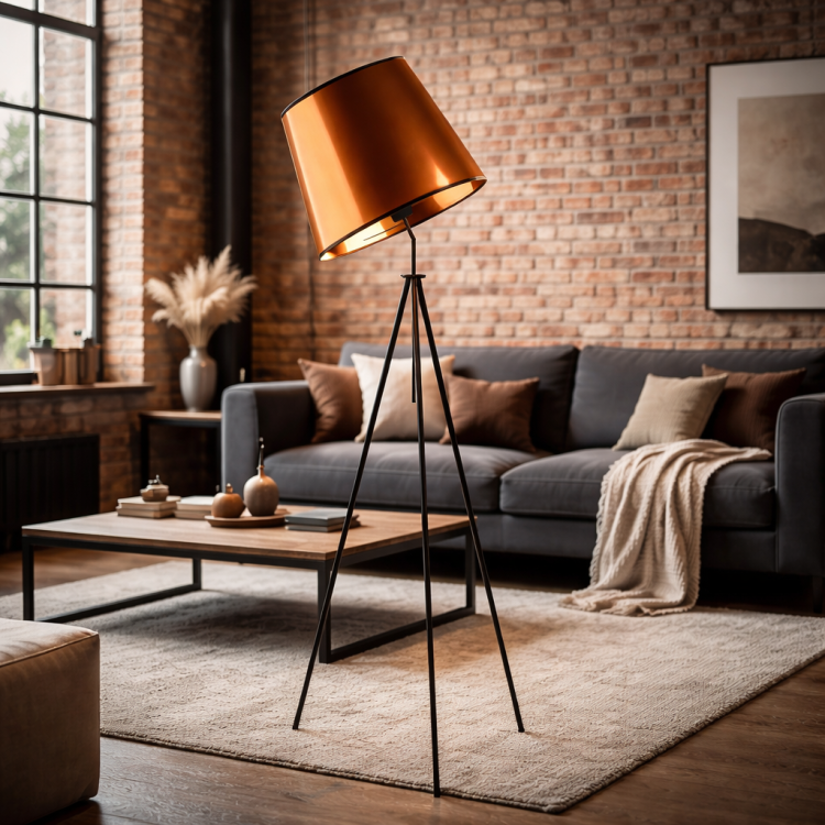 Designerska lampa podłogowa w stylu loftowym – elegancki miedziany klosz i minimalistyczna, trójnożna podstawa. Idealna do nowoczesnych wnętrz z nutą industrialnego charakteru. Doskonale podkreśla klimat salonu i dodaje mu wyjątkowej atmosfery.
