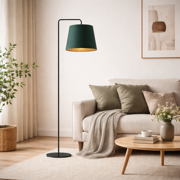 Nowoczesna lampa podłogowa w stylu minimalistycznym z zielonym abażurem idealnie dopełnia salon inspirowany skandynawskim designem. Prosta forma, elegancka kolorystyka i funkcjonalność tworzą przytulne, stylowe wnętrze.