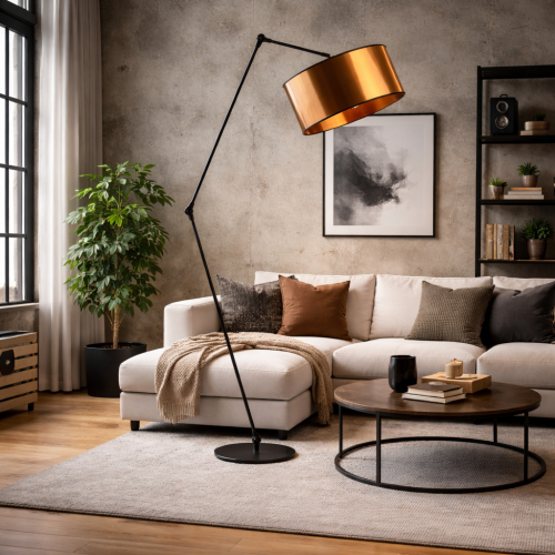 Nowoczesna lampa podłogowa w stylu industrialnym z miedzianym kloszem to idealne oświetlenie do salonu loftowego. Regulowane ramię zapewnia funkcjonalność, a designerska forma podkreśla charakter wnętrza, dodając mu elegancji i ciepła.