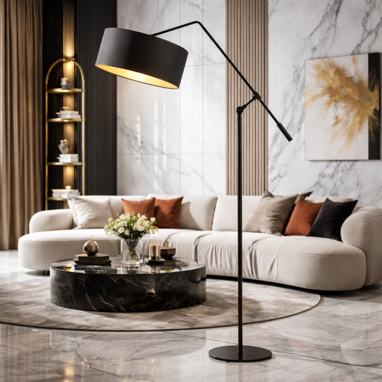 Nowoczesna lampa podłogowa typu arc w minimalistycznym stylu to idealne oświetlenie do eleganckich wnętrz. Smukła konstrukcja, czarne wykończenie i designerski abażur tworzą efektowny akcent w salonie, dodając przestrzeni luksusu i charakteru.