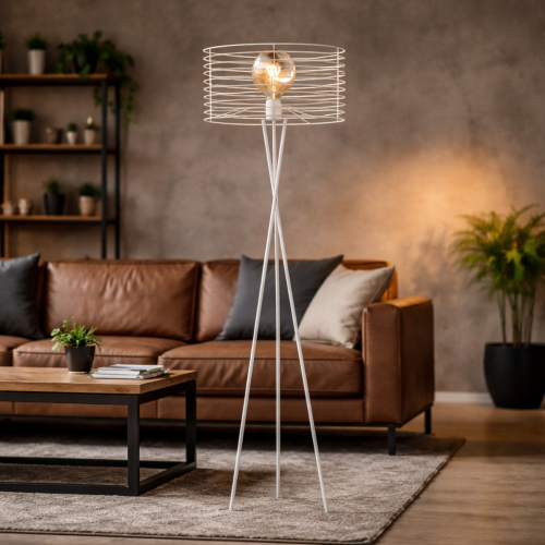 Nowoczesna lampa podłogowa w stylu industrialnym z metalowym kloszem i żarówką Edison idealnie wpisuje się w loftowe wnętrza. Designerskie oświetlenie do salonu łączy minimalizm i elegancję, tworząc wyjątkowy klimat i funkcjonalną dekorację.