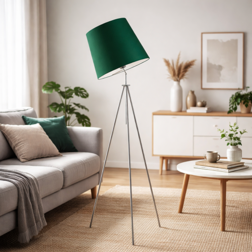 Nowoczesna lampa podłogowa tripod z zielonym abażurem to stylowy dodatek do salonu w stylu skandynawskim i minimalistycznym. Metalowa konstrukcja i lekka forma zapewniają funkcjonalność oraz elegancki design do każdego wnętrza.