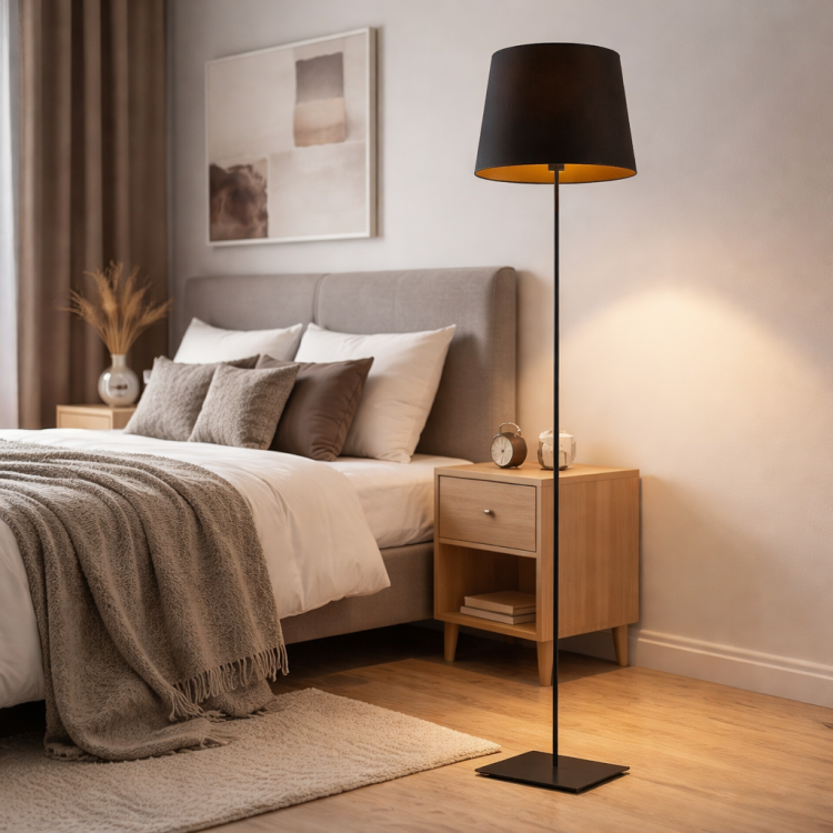 Nowoczesna lampa podłogowa w eleganckiej sypialni – minimalistyczny design, czarna forma i ciepłe światło tworzą przytulny klimat wnętrza. Idealna do aranżacji nowoczesnych, skandynawskich i loftowych przestrzeni.