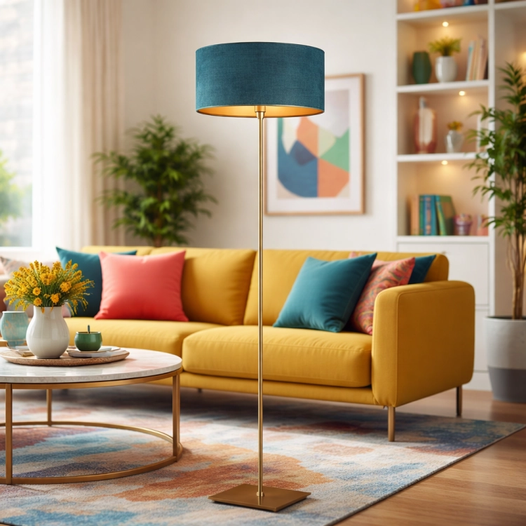 Nowoczesna lampa podłogowa w eleganckim odcieniu turkusu i złota, idealna do stylowego salonu. Doskonale komponuje się z kolorowymi dodatkami i współczesnym wystrojem wnętrz, dodając przestrzeni wyjątkowego charakteru i przytulnego oświetlenia.
