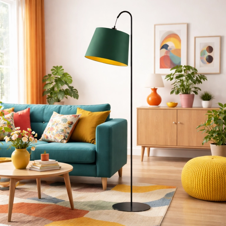 Nowoczesna lampa podłogowa z zielonym abażurem i złotym wnętrzem w aranżacji kolorowego salonu. Stylowy design, idealny do wnętrz skandynawskich i modern. Doskonałe oświetlenie dekoracyjne, które podkreśla charakter przestrzeni i dodaje przytulności.