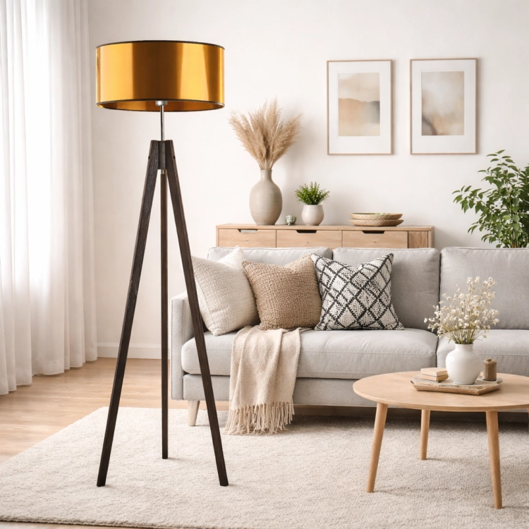Nowoczesna lampa podłogowa na trójnogu z eleganckim złotym kloszem doskonale uzupełnia minimalistyczne wnętrza salonu. Stylowy design, wysoka jakość wykonania i ponadczasowa forma sprawiają, że idealnie wpisuje się w nowoczesne aranżacje.
