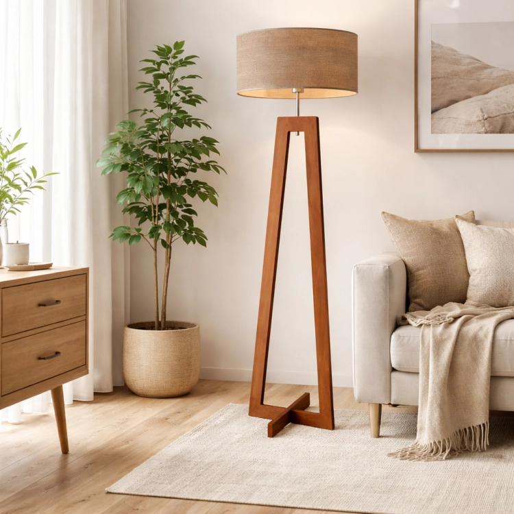 Nowoczesna drewniana lampa podłogowa w stylu skandynawskim to idealne połączenie minimalizmu i naturalnych materiałów. Jasny abażur i geometryczna forma doskonale uzupełnią salon, dodając mu ciepła, elegancji i przytulnego charakteru.