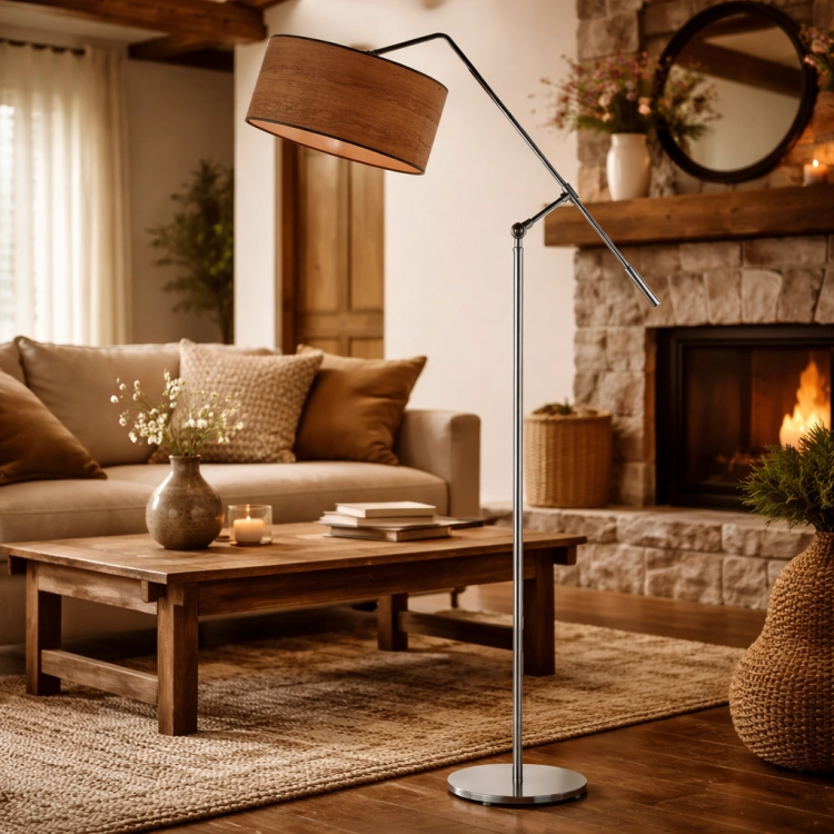 Nowoczesna lampa podłogowa z regulowanym ramieniem i eleganckim, drewnianym kloszem to idealne połączenie stylu i funkcjonalności. Doskonale sprawdzi się w salonie rustykalnym, dodając wnętrzu ciepła i wyjątkowego charakteru.
