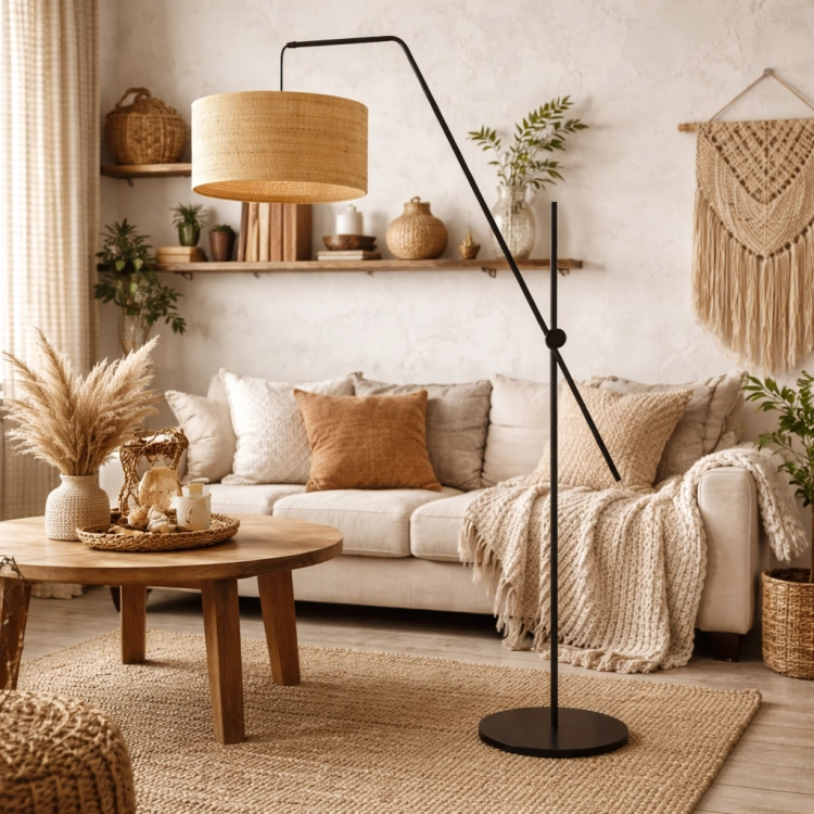 Nowoczesna lampa podłogowa z czarną, smukłą konstrukcją i naturalnym rattanowym kloszem. Idealna do wnętrz w stylu boho i rustykalnym. Zapewnia ciepłe, przytulne światło i stanowi designerski akcent salonu, sypialni lub strefy relaksu.