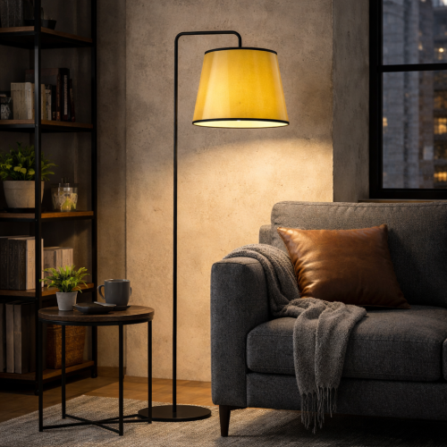 Nowoczesna lampa podłogowa w stylu industrialnym z eleganckim, żółtym abażurem i smukłą, czarną konstrukcją. Idealna do salonu lub strefy relaksu, zapewnia ciepłe światło i designerski akcent pasujący do loftowych wnętrz.