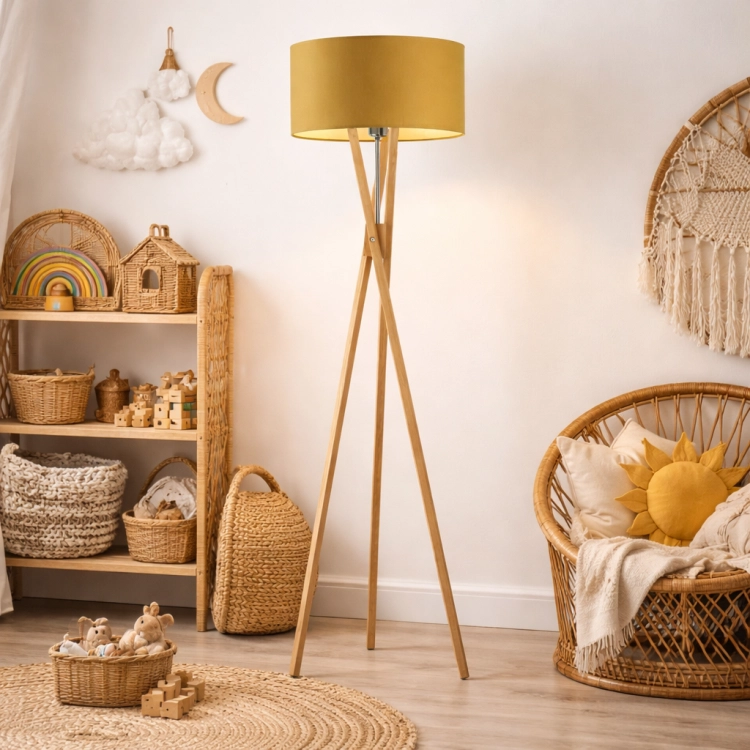 Stylowa lampa podłogowa na trójnogu w naturalnym wykończeniu drewna z eleganckim, musztardowym abażurem. Idealna do wnętrz boho i pokoju dziecięcego. Zapewnia ciepłe, przytulne światło i stanowi wyjątkowy element dekoracyjny.