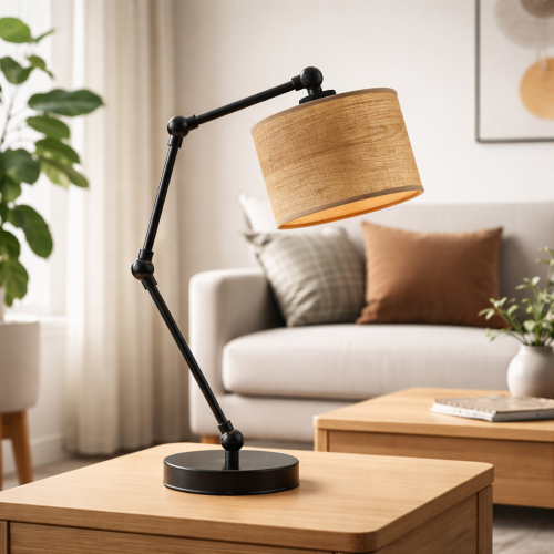 Nowoczesna lampka biurkowa z regulowanym ramieniem i czarną metalową podstawą. Stylowy abażur z naturalnej tkaniny zapewnia ciepłe światło. Idealna do salonu, sypialni lub biura – funkcjonalność i designerski wygląd w jednym.