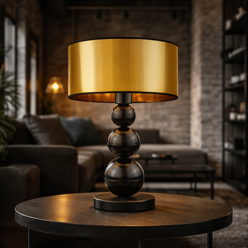 Elegancka lampka stołowa w stylu nowoczesnym z czarną, kulistą podstawą i złotym abażurem. Idealna do wnętrz loftowych i minimalistycznych. Zapewnia nastrojowe oświetlenie i stanowi stylowy element dekoracyjny salonu lub sypialni.