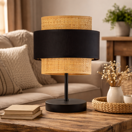 Lampka nocna PEGGIE RATTAN II łączy rattan z czernią, tworząc stylowy, przytulny klimat. Jej dwuwarstwowy abażur subtelnie rozprasza światło, idealne do relaksu. Stabilna podstawa i ponadczasowy design sprawiają, że świetnie pasuje do sypialni i salonu.