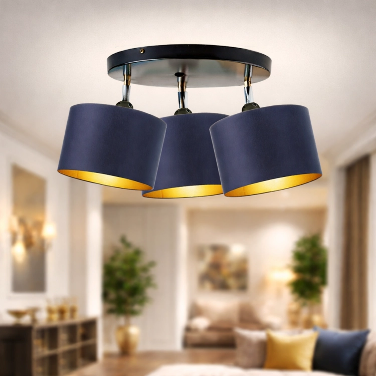 VALENTINA GOLD to nowoczesna lampa sufitowa z trzema eleganckimi abażurami w kolorze granatu i złotym wnętrzem. Zapewnia ciepłe, nastrojowe światło, idealne do salonu lub sypialni. Stylowe połączenie klasyki i nowoczesnego designu.