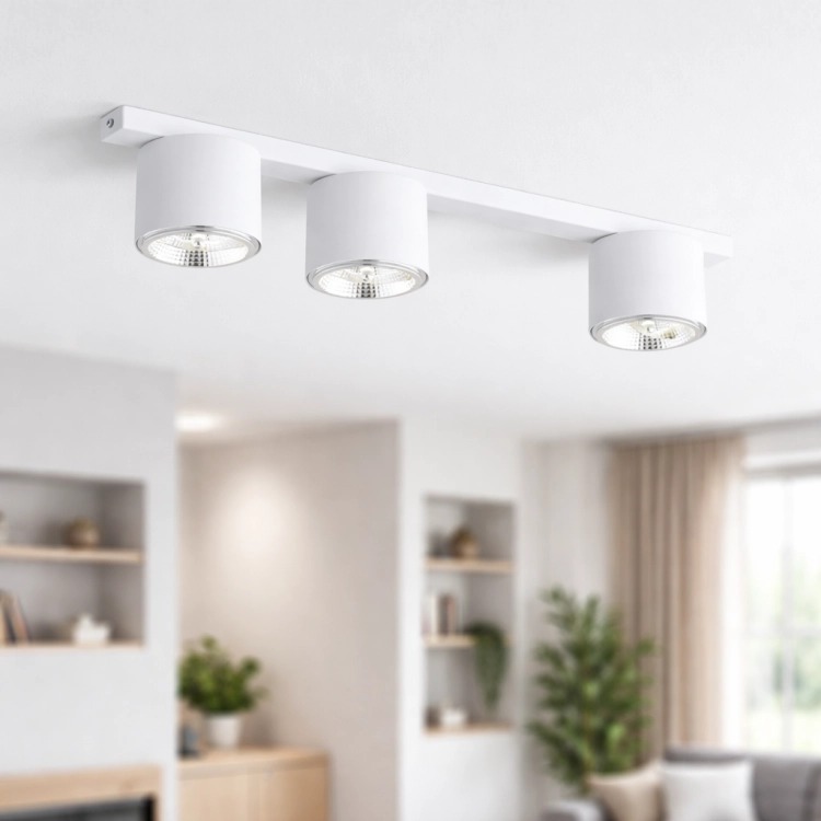 Lampa sufitowa NEUS to nowoczesny, 3-punktowy plafon w kolorze białym lub czarnym. Minimalistyczny design, solidne wykonanie i możliwość podłączenia do podwójnego włącznika sprawiają, że idealnie pasuje do salonu, kuchni i biura.