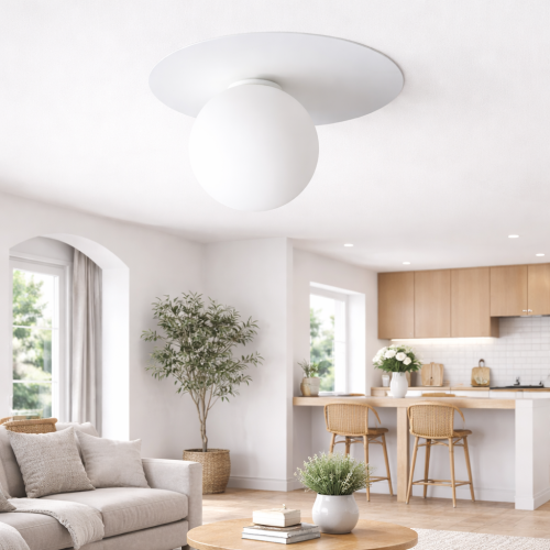 Nowoczesna lampa sufitowa w minimalistycznym stylu doskonale podkreśla charakter eleganckich wnętrz. Biała forma z kulistym kloszem zapewnia miękkie, równomierne światło, idealne do salonu, kuchni lub sypialni.