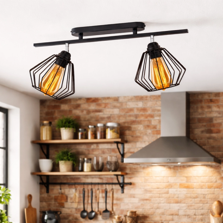 Lampa sufitowa PAULA LOFT to stylowe oświetlenie industrialne z metalową konstrukcją i dwoma źródłami światła. Idealna jako lampa do kuchni lub salonu, łączy funkcjonalność z loftowym designem, pasując do nowoczesnych wnętrz.