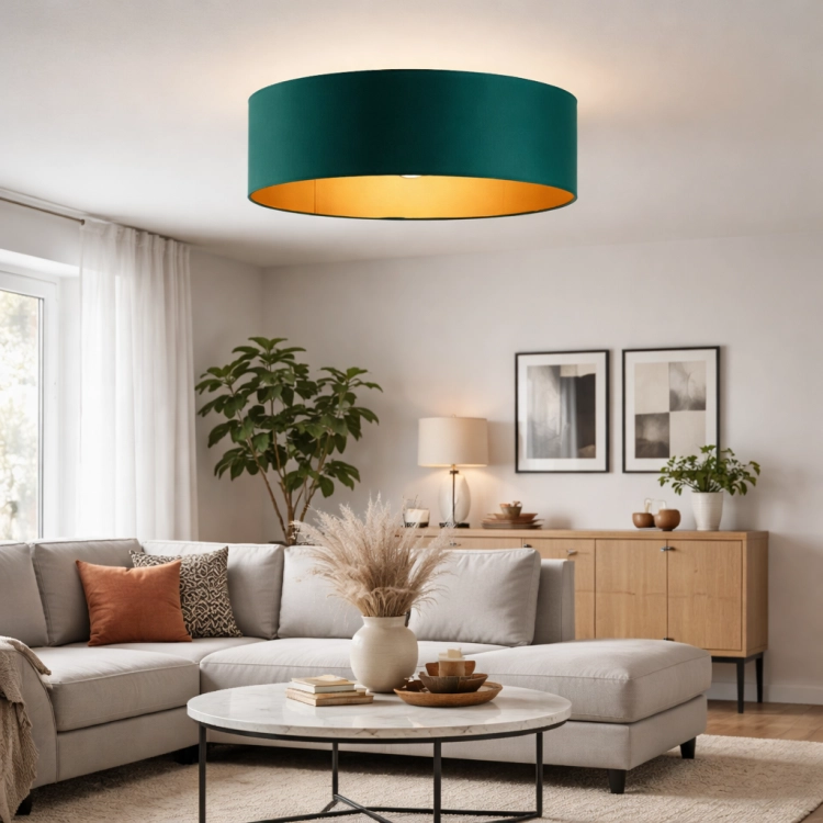 Plafon JENIS GOLD 50 cm to elegancka lampa sufitowa ze złotym wnętrzem, dostępna w 5 kolorach. Możliwość wyboru 1–5 źródeł światła i rozmiarów 30–60 cm sprawia, że to idealny plafon do salonu i sypialni.