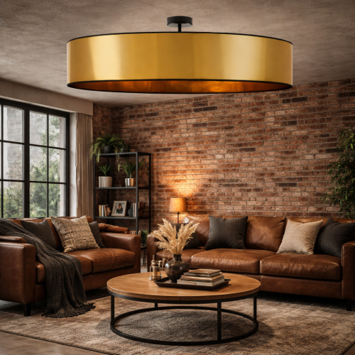 Nowoczesna lampa sufitowa o średnicy 100 cm w eleganckim, złotym wykończeniu. Idealna do salonu nad stolik kawowy. Stylowy design łączy funkcjonalność z luksusowym wyglądem, doskonale wpisując się w aranżacje nowoczesne i industrialne.