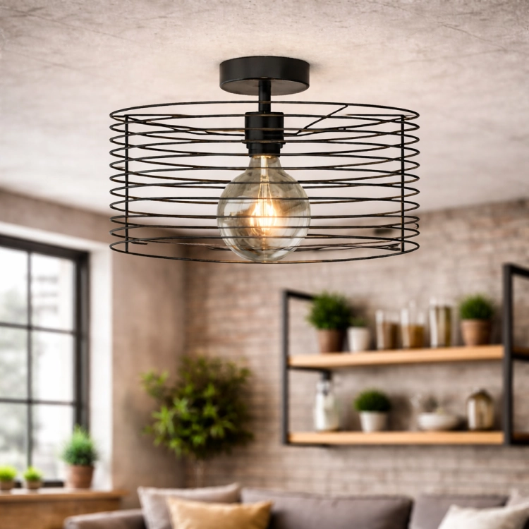 Lampa sufitowa ELLEN LOFT 40 cm w stylu industrialnym to połączenie nowoczesnego designu i funkcjonalności. Metalowy klosz typu klatka eksponuje żarówkę, tworząc przytulne światło. Idealna jako lampa do salonu, kuchni lub loftowego wnętrza.