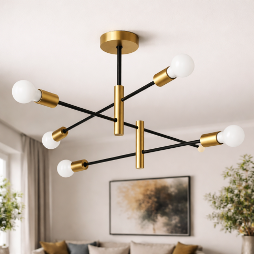 Nowoczesna lampa sufitowa w stylu mid-century modern z czarnymi ramionami i złotymi detalami. Designerskie oświetlenie do salonu, jadalni lub sypialni. Elegancki żyrandol typu sputnik podkreśla charakter wnętrza i zapewnia stylowe światło.