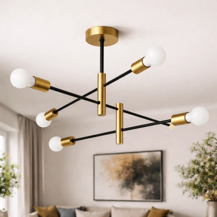 Nowoczesna lampa sufitowa w stylu mid-century modern z czarnymi ramionami i złotymi detalami. Designerskie oświetlenie do salonu, jadalni lub sypialni. Elegancki żyrandol typu sputnik podkreśla charakter wnętrza i zapewnia stylowe światło.
