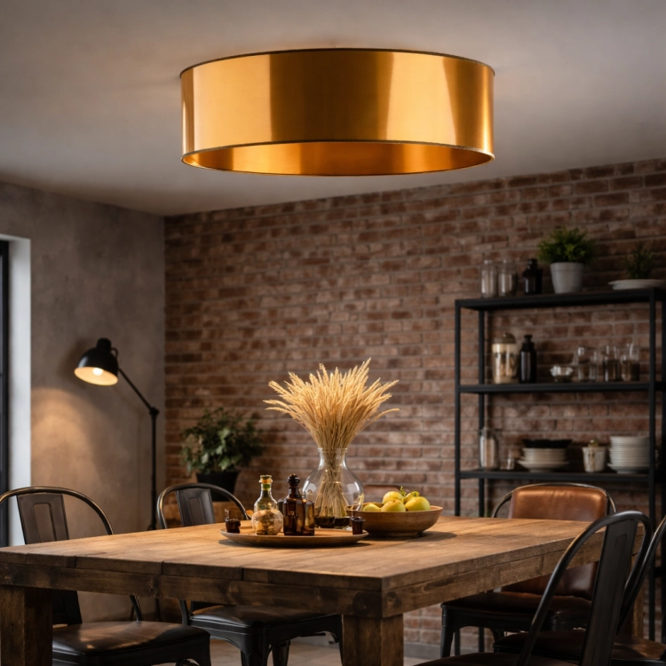 Nowoczesna lampa sufitowa 60 cm w złotym wykończeniu idealnie wpisuje się w styl industrialny i loftowy. Doskonała nad stół lub do salonu, zapewnia ciepłe, przyjemne światło i elegancki akcent we wnętrzu.