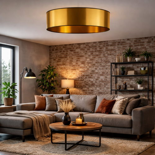 Designerska lampa sufitowa o średnicy 60 cm w kolorze złota to stylowe oświetlenie do jadalni i salonu. Industrialny charakter, wysoka jakość wykonania i ponadczasowa forma podkreślą wyjątkowy klimat każdego wnętrza.