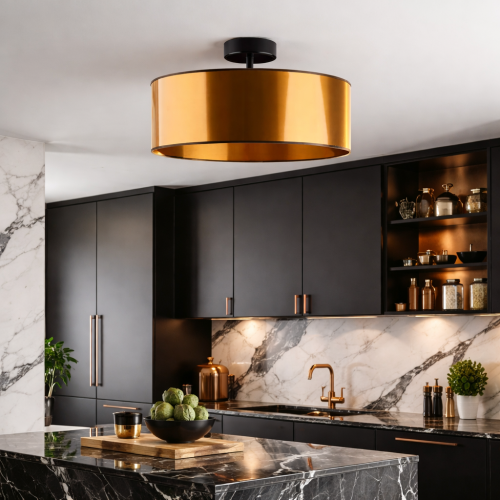 Nowoczesna lampa sufitowa w kolorze miedzi i czerni to elegancki wybór do stylowych wnętrz. Metalowy, cylindryczny klosz doskonale komponuje się z kuchnią w stylu loftowym lub glamour, dodając ciepłego blasku i wyjątkowego charakteru.
