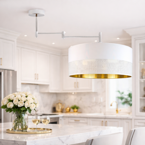 Nowoczesna lampa sufitowa w stylu glamour z białym, perforowanym abażurem i złotym wnętrzem. Elegancki design idealny do kuchni, salonu lub jadalni. Zapewnia efektowne oświetlenie i podkreśla luksusowy charakter wnętrza.
