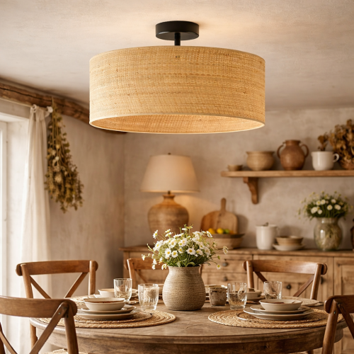 Lampa sufitowa 40 cm w stylu rustykalnym z naturalnego rattanu to idealne oświetlenie do jadalni i salonu. Ciepłe światło, ponadczasowy design i wysoka jakość wykonania tworzą przytulną atmosferę w każdym wnętrzu.