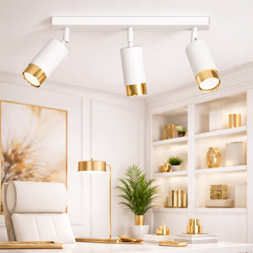 Lampa sufitowa KEIKO biało-złota to nowoczesne oświetlenie z trzema regulowanymi reflektorami. Stylowa forma, eleganckie wykończenie i funkcjonalność sprawiają, że idealnie pasuje do salonu, biura i sypialni.