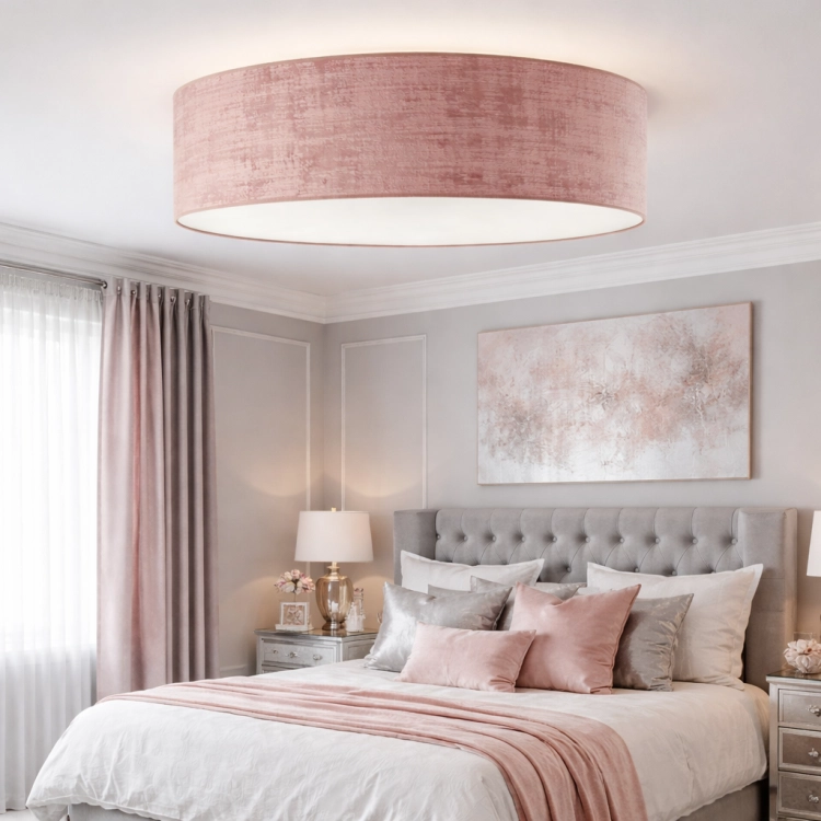 Elegancka lampa sufitowa glamour o średnicy 80 cm w kolorze pudrowego różu. Aksamitny abażur nadaje wnętrzu luksusowy charakter i przytulne światło. Idealna do sypialni lub salonu, łączy styl, jakość i nowoczesny design.