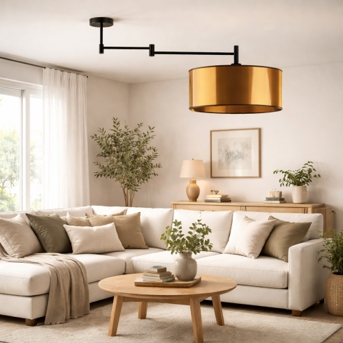 Nowoczesna lampa sufitowa do salonu z regulowanym ramieniem i eleganckim, złotym kloszem. Designerskie oświetlenie, które łączy funkcjonalność z estetyką, zapewniając przytulne światło i podkreślając charakter nowoczesnych wnętrz.