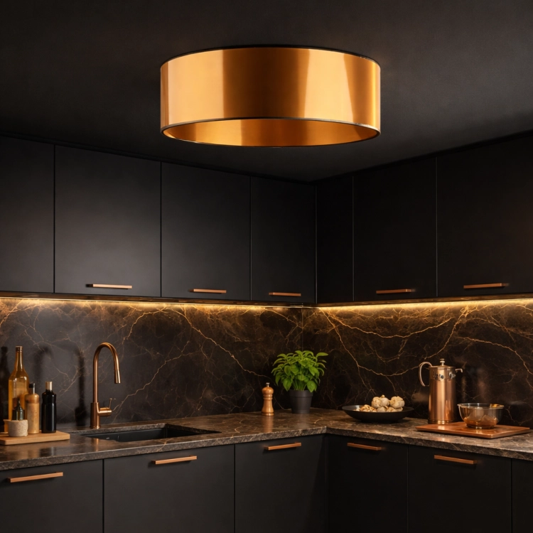 Lampa sufitowa o średnicy 50 cm w eleganckim wykończeniu miedzi zachwyca minimalistyczną formą i ciepłym blaskiem. Idealnie komponuje się z nowoczesnymi wnętrzami w czerni i metalu, tworząc przytulną, stylową atmosferę w kuchni lub salonie.